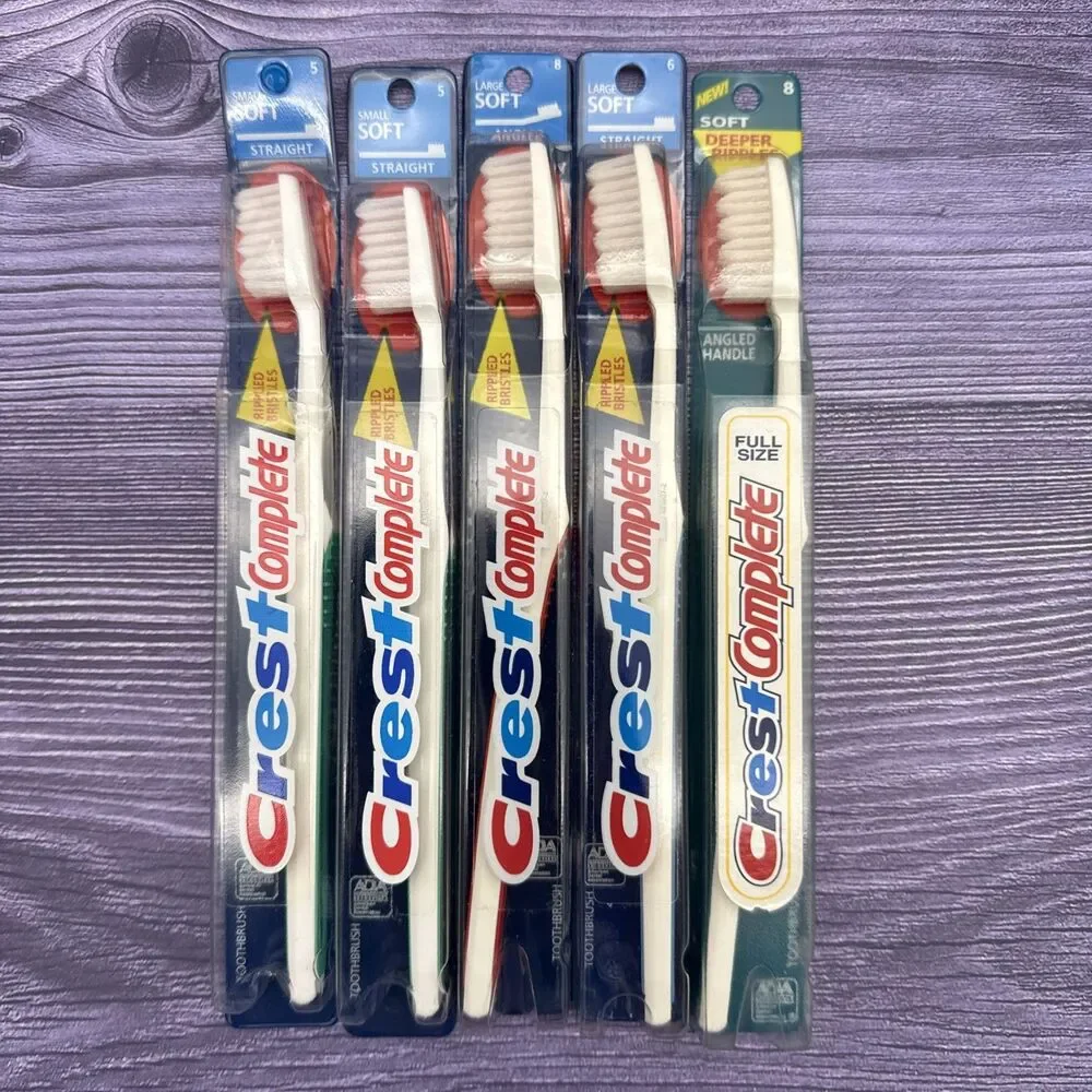 LOT 5 Crest 1992 93 Complete Straight Angle Soft Toothbrush Large/Small Rippled